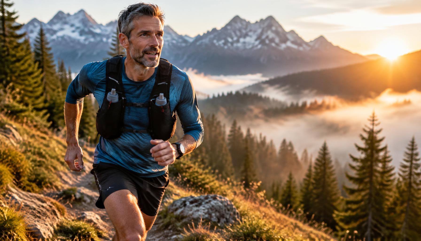 Männer Mitte 40 beim Trailrunning in den Alpen – Vitalität und Performance im Alltag